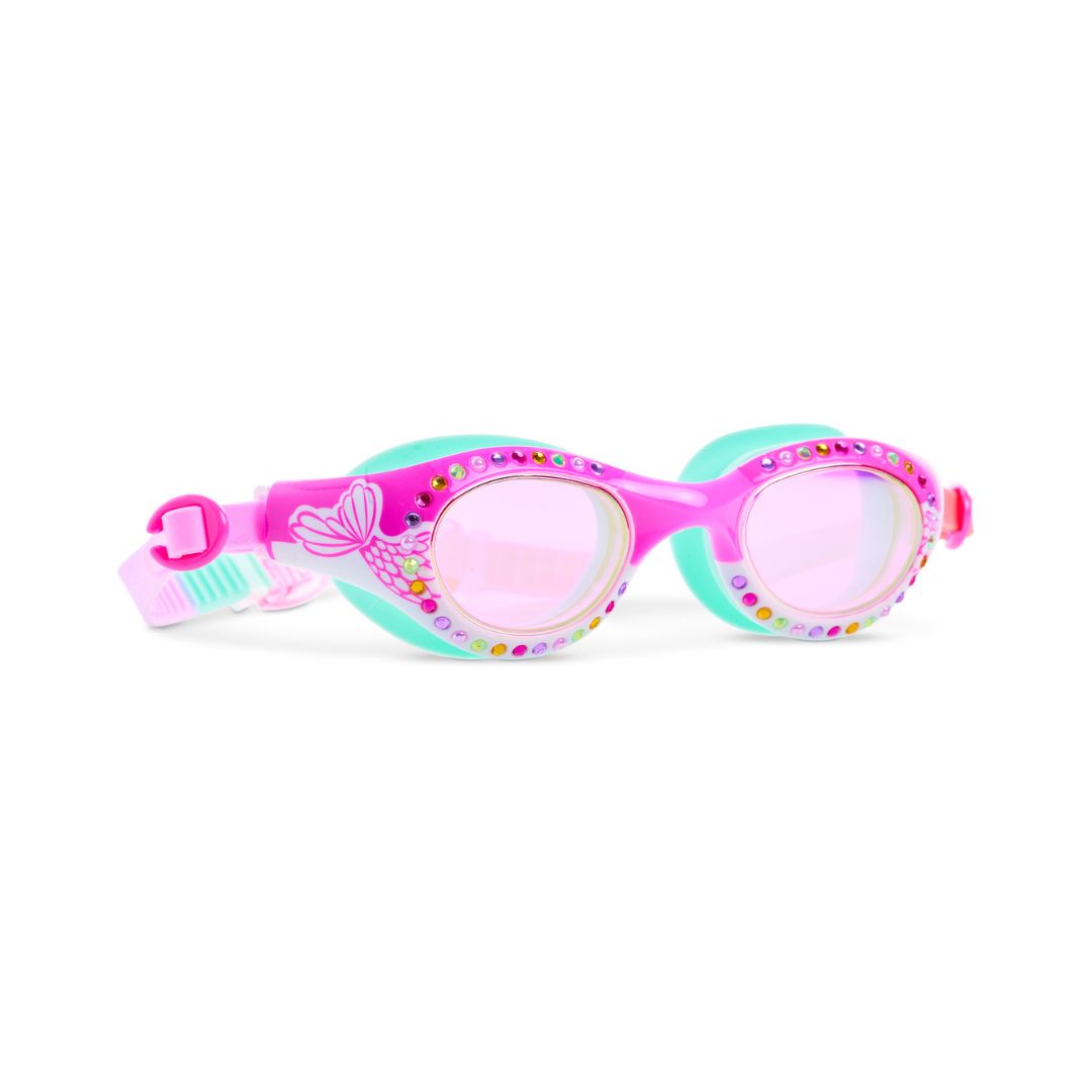 pink og turkis svømmebriller dekoreret med glimmer og havfruehale fra Bling20, indtag vandet med stil.