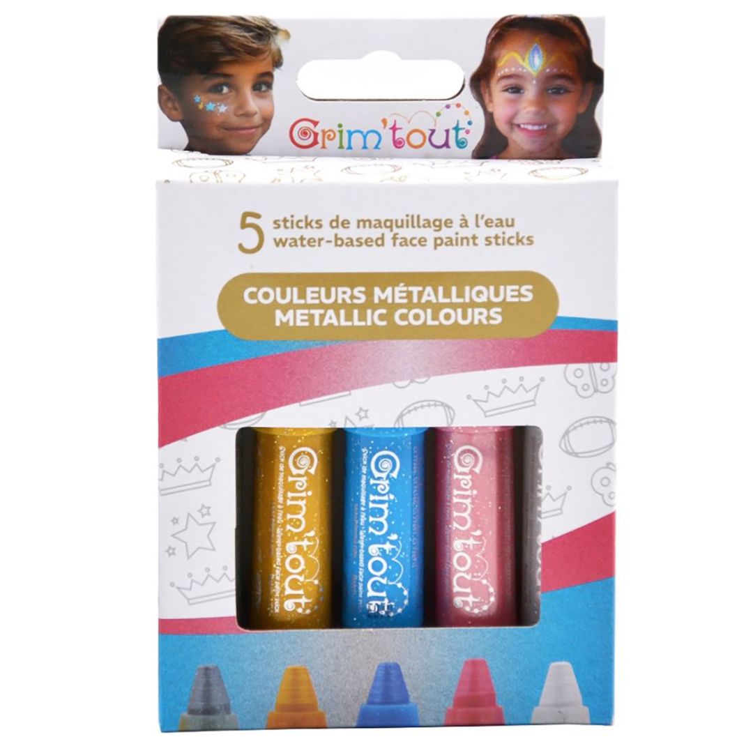 Ansigtsmaling metallic, 5 farvestifter i flotte farver, set i æske, læg glitter på kinderne, let at bruge og få af, fra GrimTout Frankrig