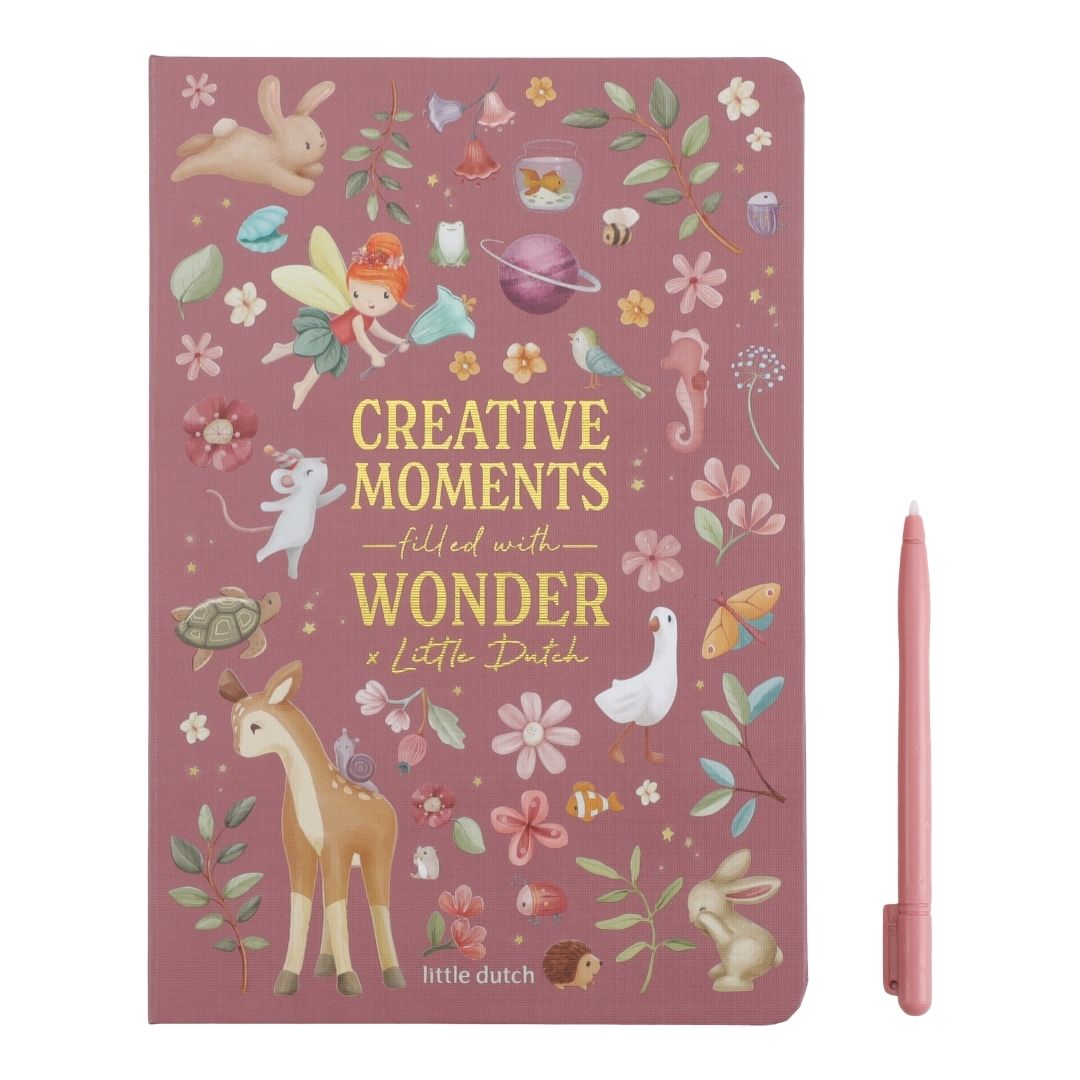 forside af pink tegnetablet fra Little Dutch, til børn, med pen og illustrationer af dyr og natur, tegn igen og igen på farten.
