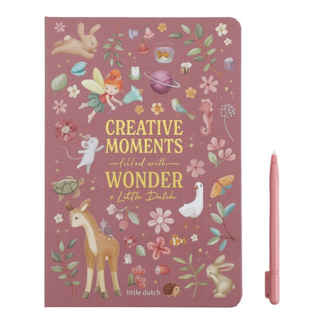 forside af pink tegnetablet fra Little Dutch, til børn, med pen og illustrationer af dyr og natur, tegn igen og igen på farten.