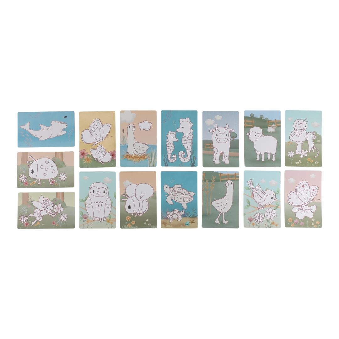 15 kort med illustrationer, følger med pink tegnetablet fra Little Dutch, til børn,  tegn igen og igen på farten. Godt rejselegetøj.