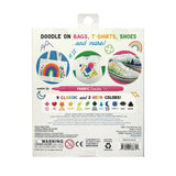 Tekstiltuscher 12 farver til farverige illustrationer på tasker, sneakers og t-shirts, her set i æske med bagside opad.