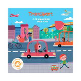Pegebog med transport og 5 knapper med lyd, blå forside med biler, cykel, fly og andre transportmidler. Godnatbog fra 1-3 år.