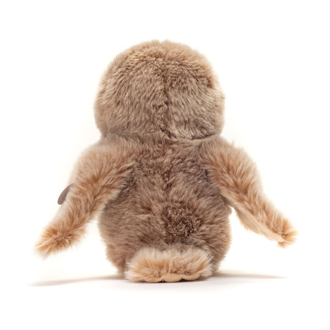 Ugle bamse blød, 20 cm set bagfra med blød pels og kære detaljer til børn.