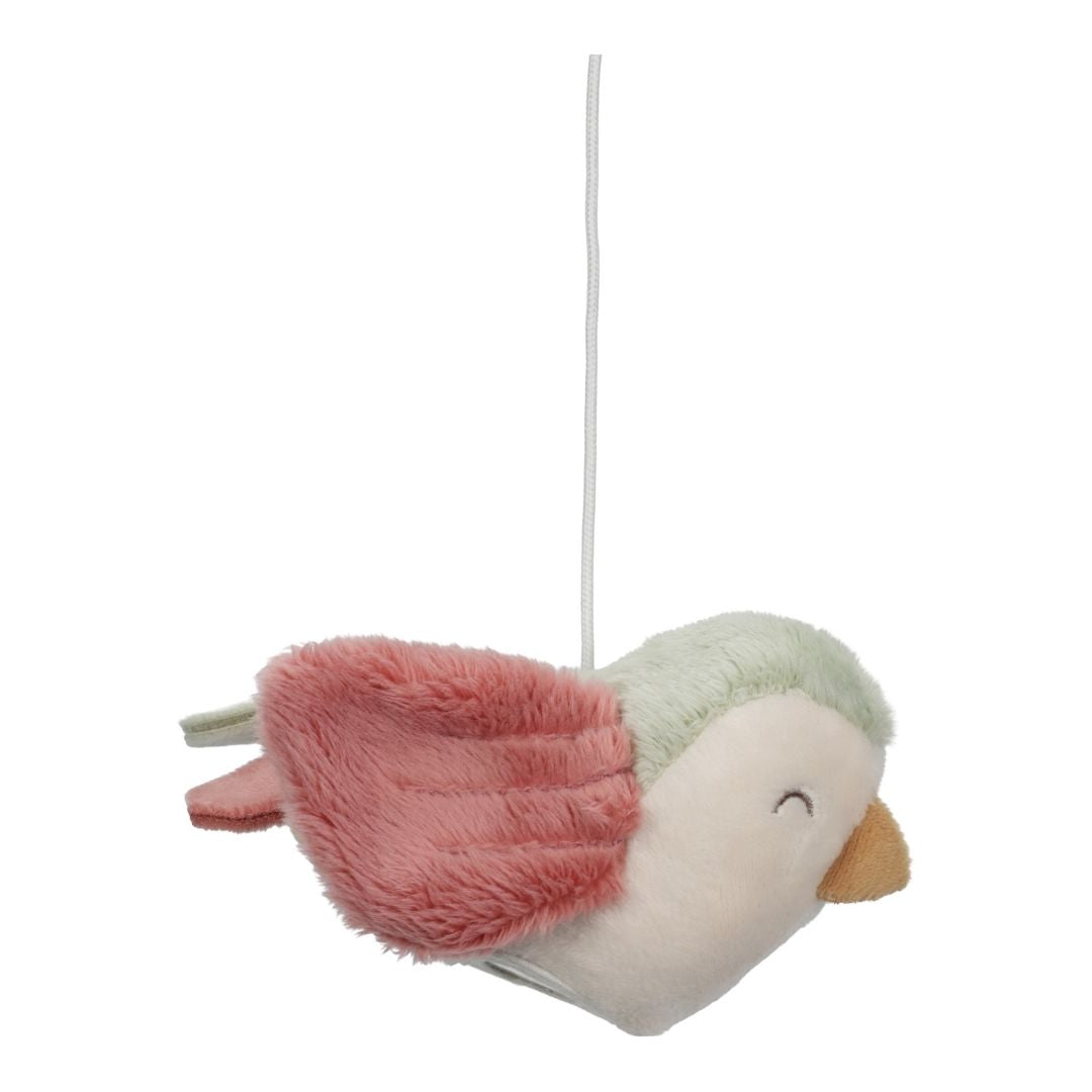 Sød fugl i pink og grøn, hænger på babyuro i træ med musik fra Little Dutch 