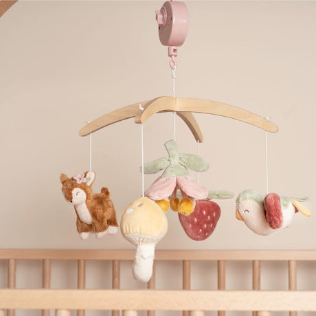 Mobile i træ med musik - Rådyr rosa med søde dyrefigurer og farverige detaljer